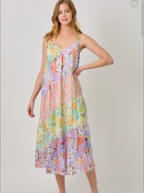 168. Floral Tiered Slip Midi Dress in Pastel Multi